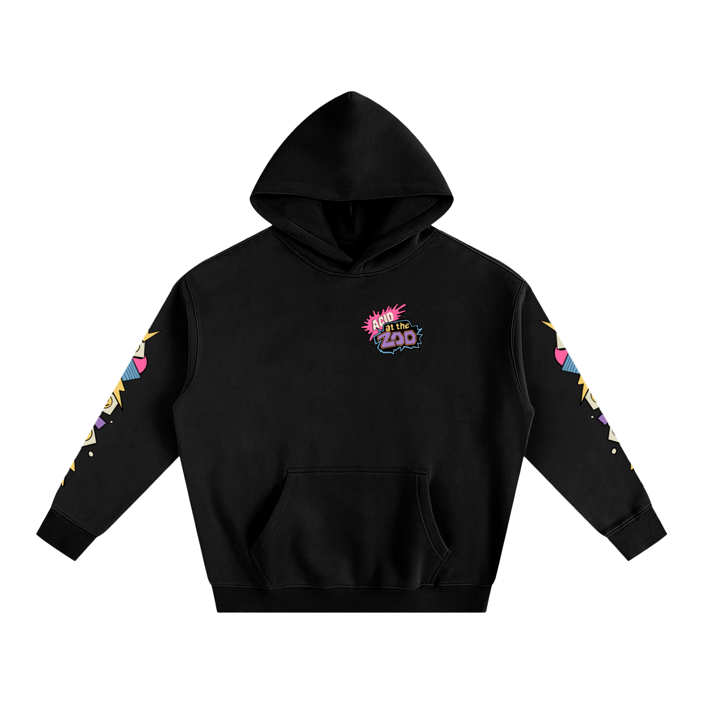 Black hoodie with colorful designs on sleeves and chest logo on a white background