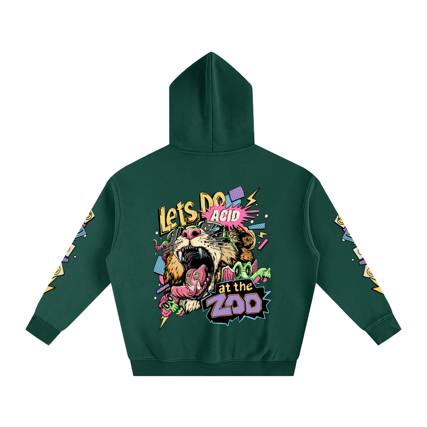 Green hoodie with colorful graphic design on the back featuring a lion and text.