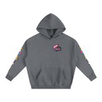 Gray hoodie with colorful designs on sleeves and logo on chest against a white background