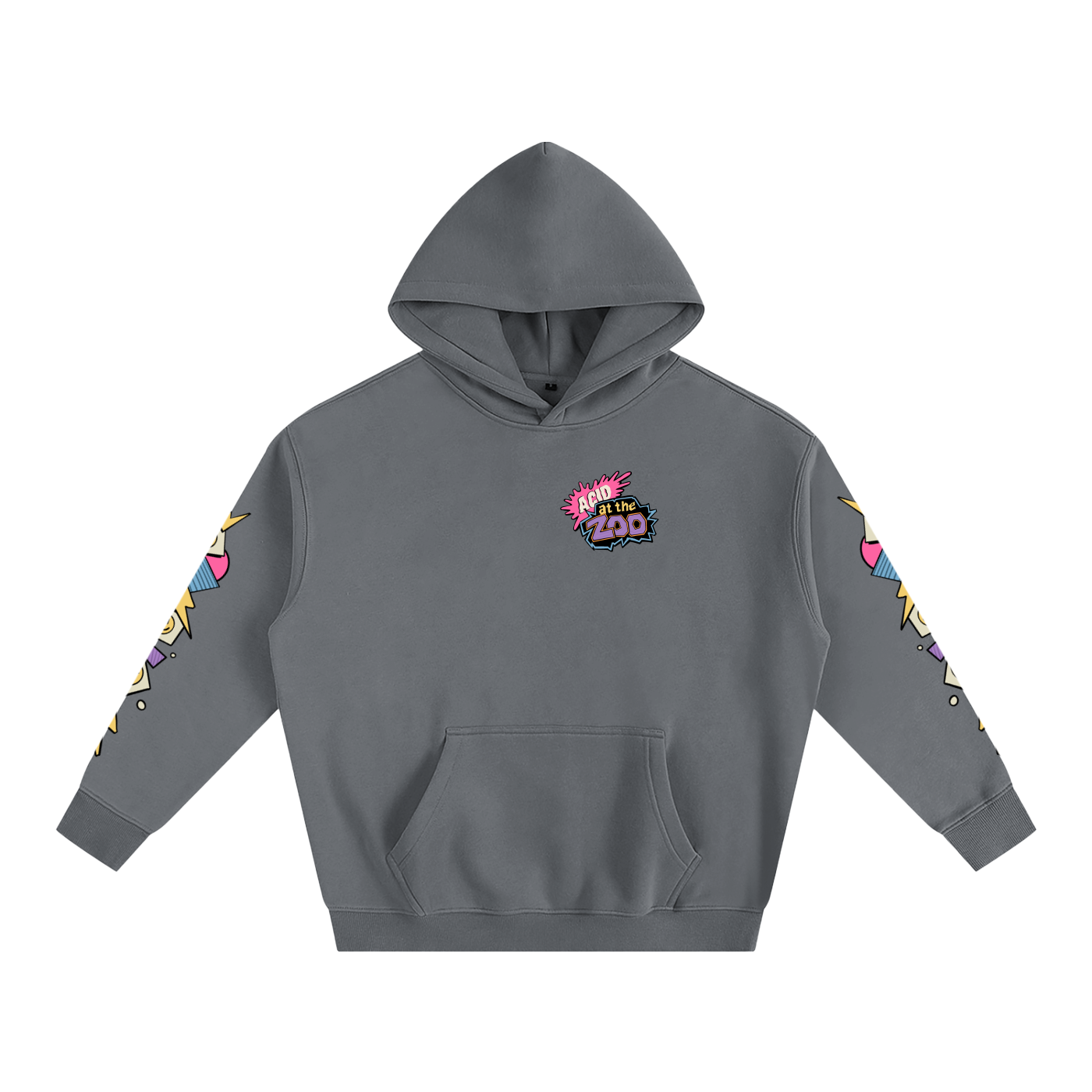 Gray hoodie with colorful designs on sleeves and logo on chest against a white background
