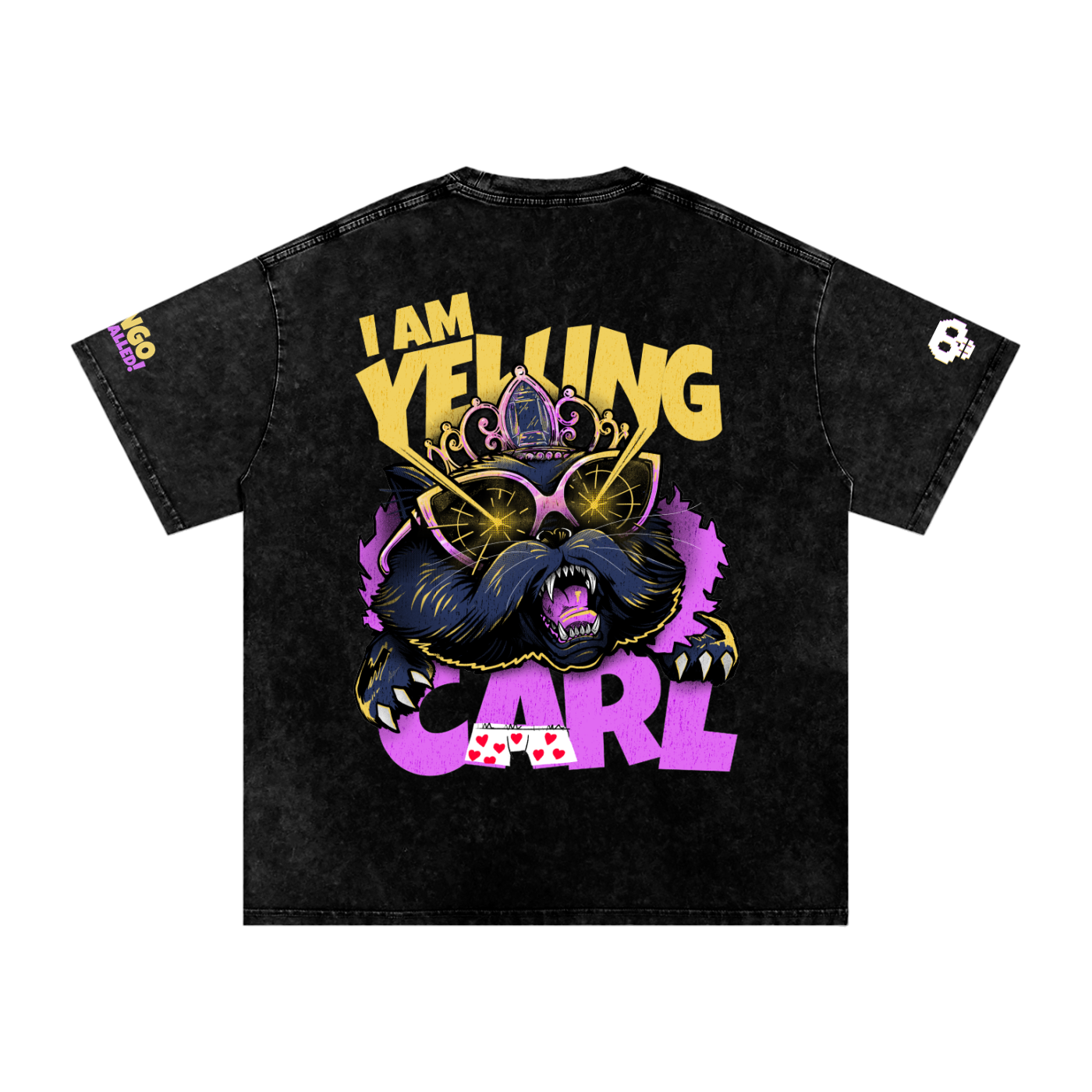 stone washed Dungeon Crawler Carl Shirt - Featuring hand drawn image of Princess Donut. sleeve embellishments with quippy taglines and player killer skulls. has front and back printing. 