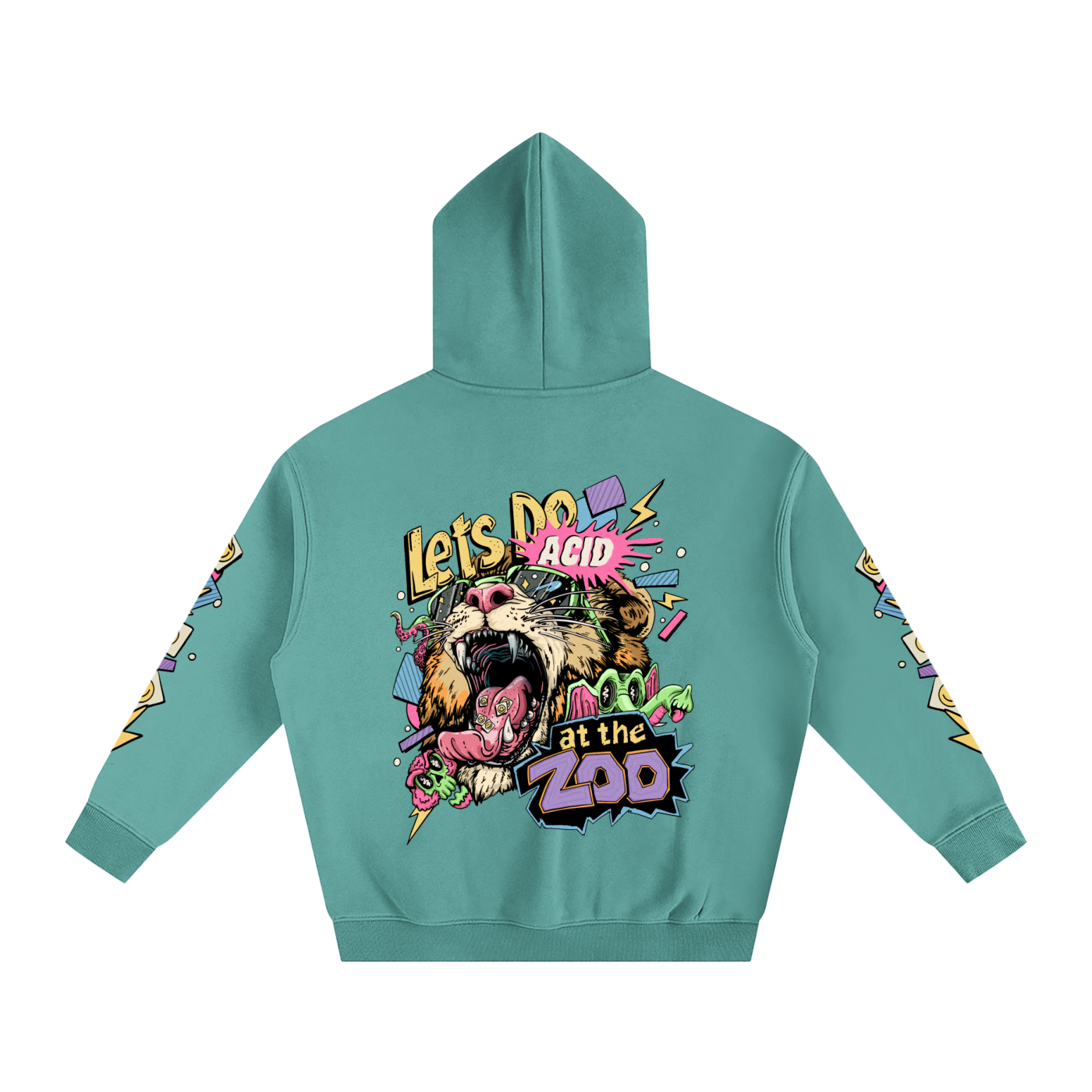 Teal hoodie with colorful graphic design on the back featuring a lion and text.