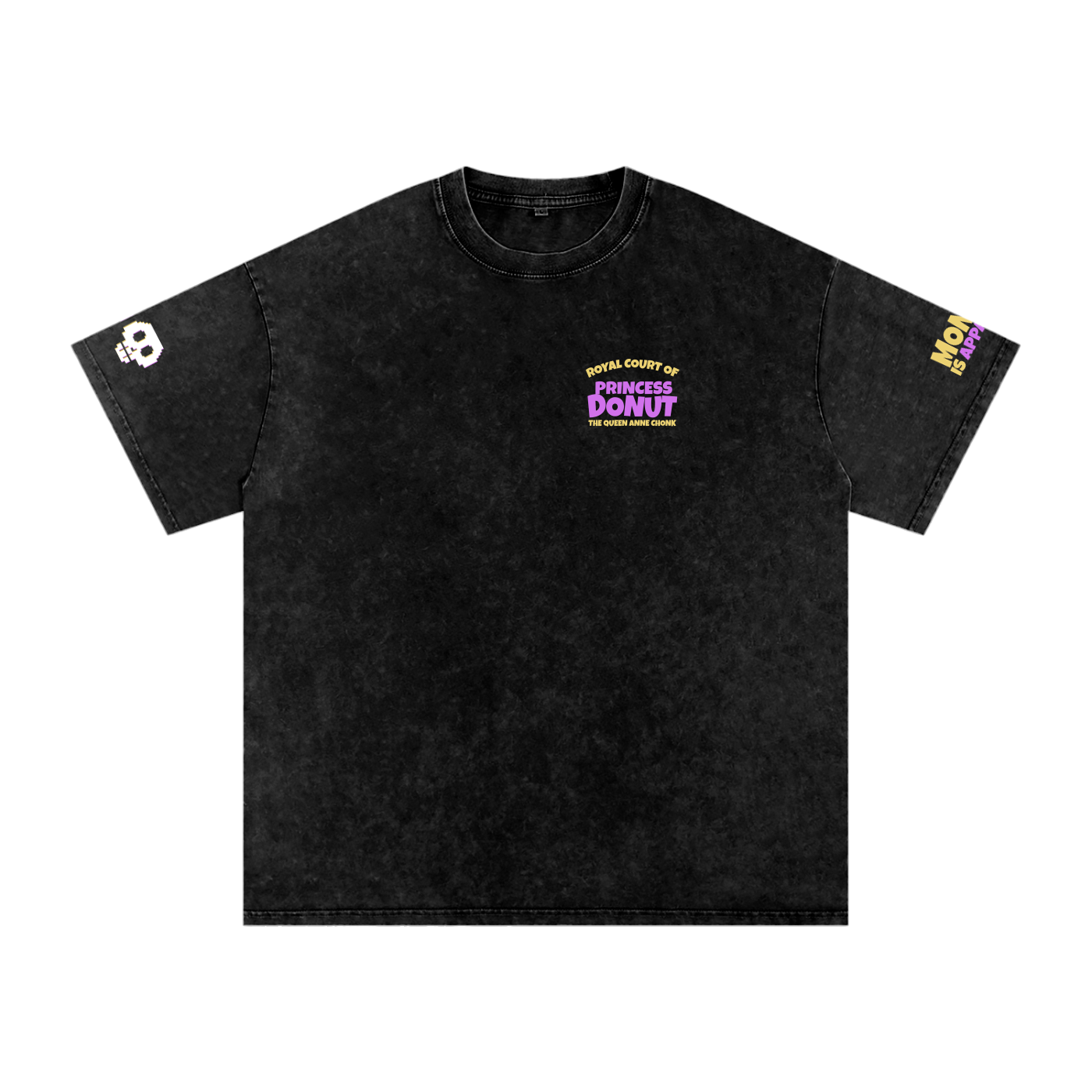 stone washed Dungeon Crawler Carl Shirt - Featuring hand drawn image of Princess Donut. sleeve embellishments with quippy taglines and player killer skulls. has front and back printing. 