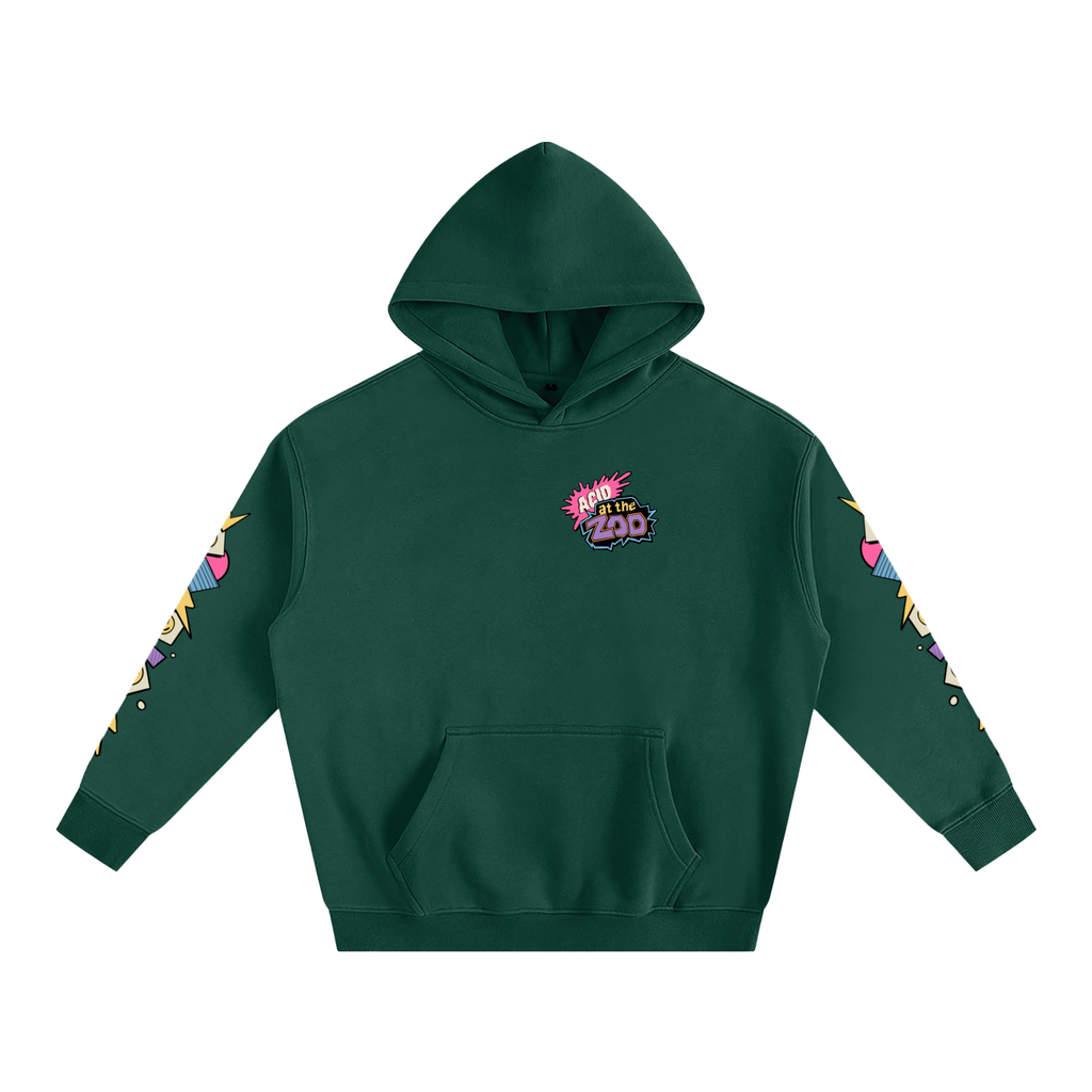 Green hoodie with colorful designs on sleeves and logo on chest against a white background