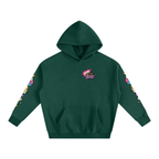 Green hoodie with colorful designs on sleeves and logo on chest against a white background