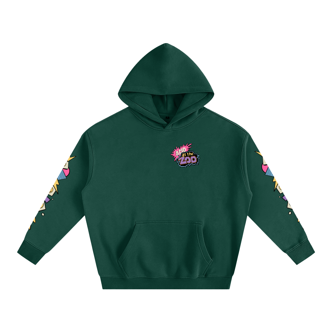 Green hoodie with colorful designs on sleeves and logo on chest against a white background
