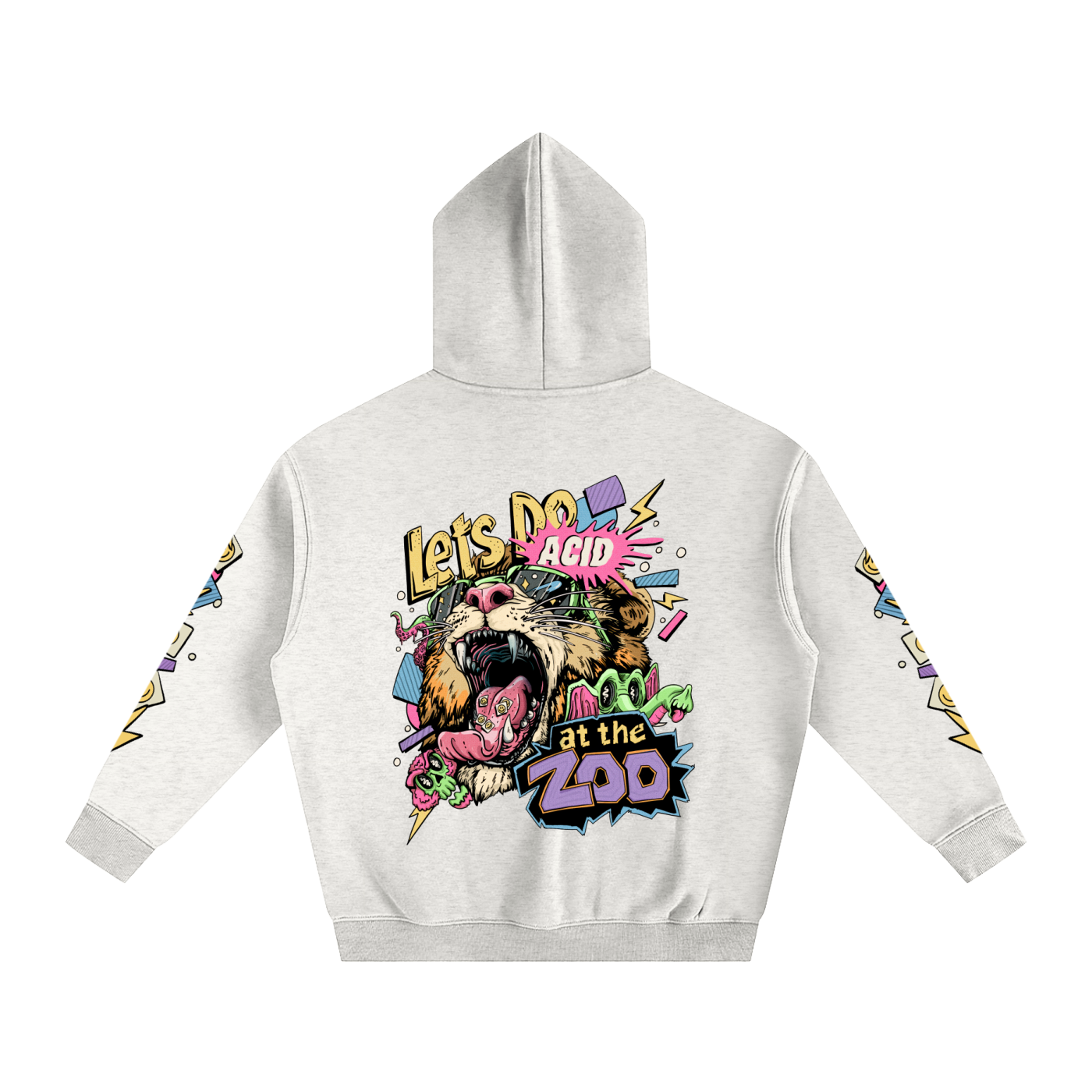 White hoodie with colorful graphic design on a white background