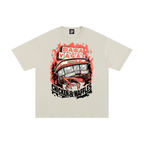 Baba Yaga x Waffle House Shirt with a hand drawn parody graphic of a traditional waffle house building with chicken legs. 