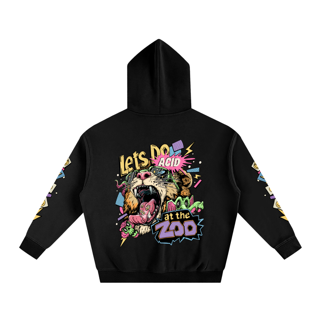 Black hoodie with colorful graphic design on the back on a white background