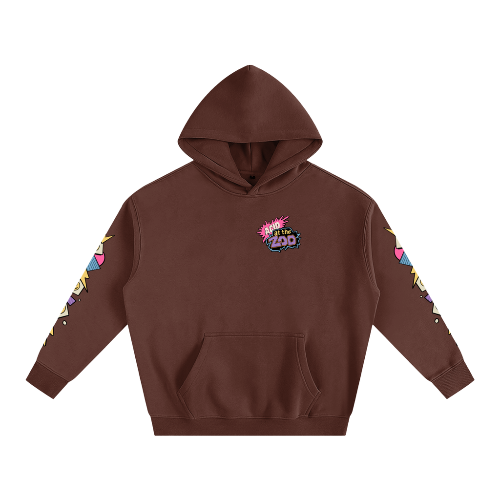Brown hoodie with colorful designs on sleeves and chest logo on a white background