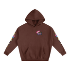 Brown hoodie with colorful designs on sleeves and chest logo on a white background