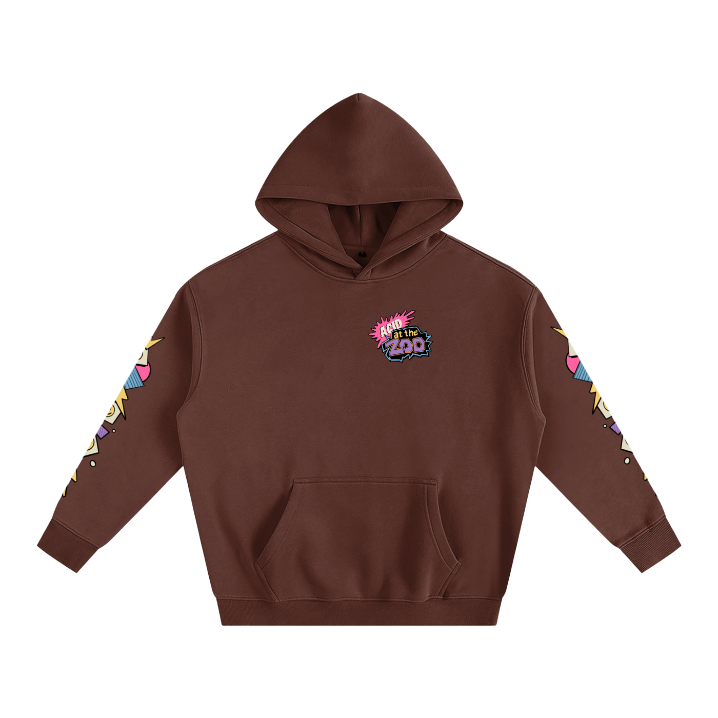 Brown hoodie with colorful designs on sleeves and chest logo on a white background