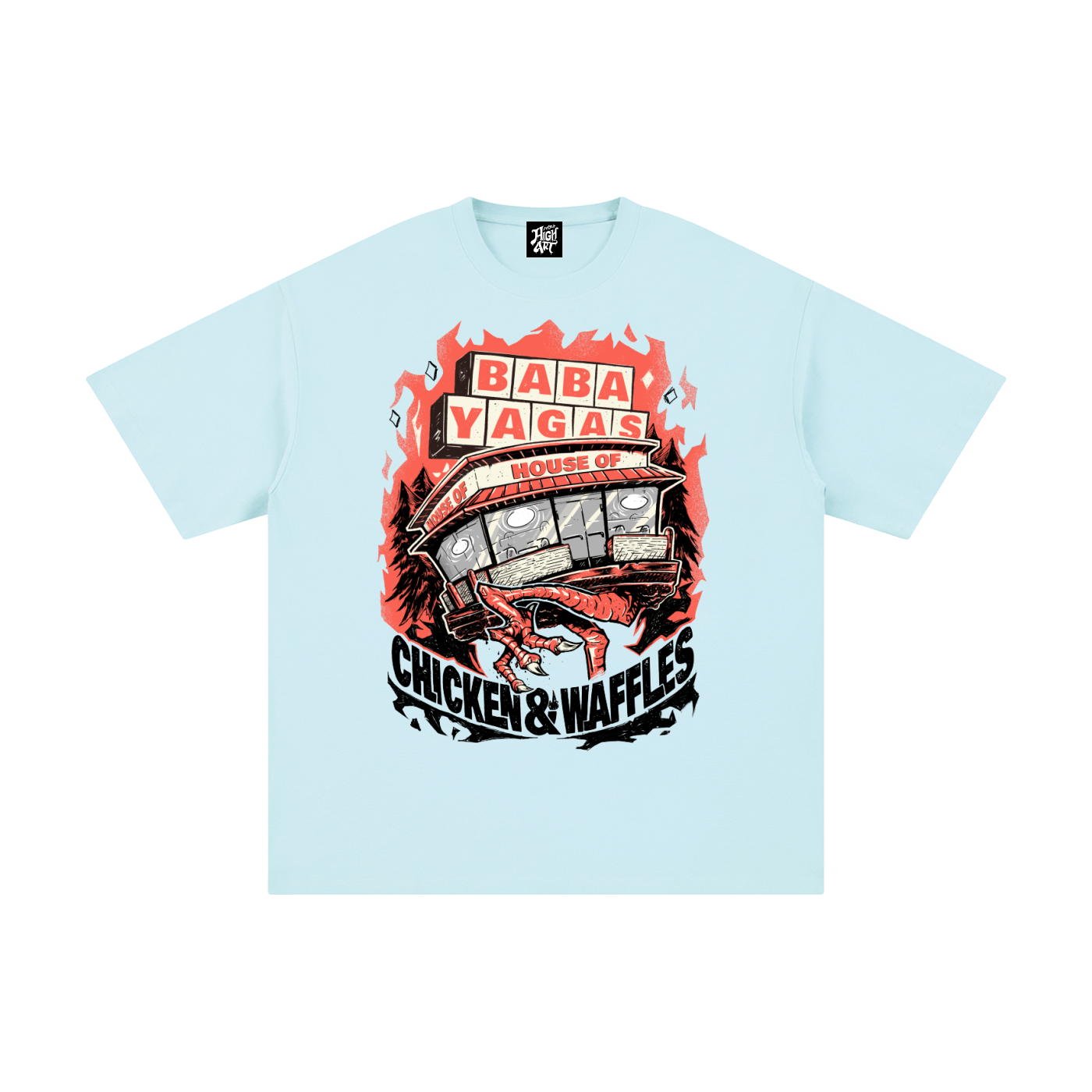 Baba Yaga x Waffle House Shirt with a hand drawn parody graphic of a traditional waffle house building with chicken legs. 