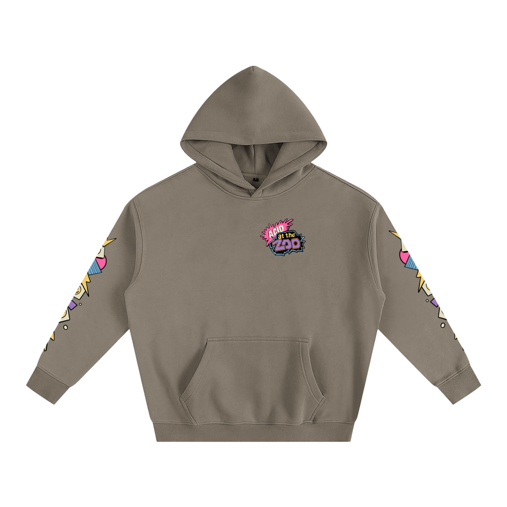 Brown hoodie with colorful designs on sleeves and chest logo on a white background