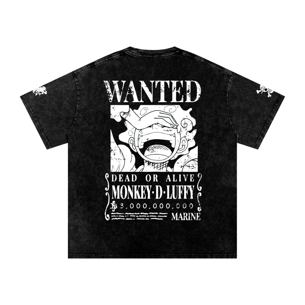 One Piece Luffy shirt featuring front back and sleeve print. this acid washed premium heavy weight tee. has a wanted poster on the back and the iconic luffy scar on the front. straw hat logo on the sleeve and the gear 5 silhouette. 