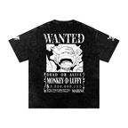 One Piece Luffy shirt featuring front back and sleeve print. this acid washed premium heavy weight tee. has a wanted poster on the back and the iconic luffy scar on the front. straw hat logo on the sleeve and the gear 5 silhouette. 