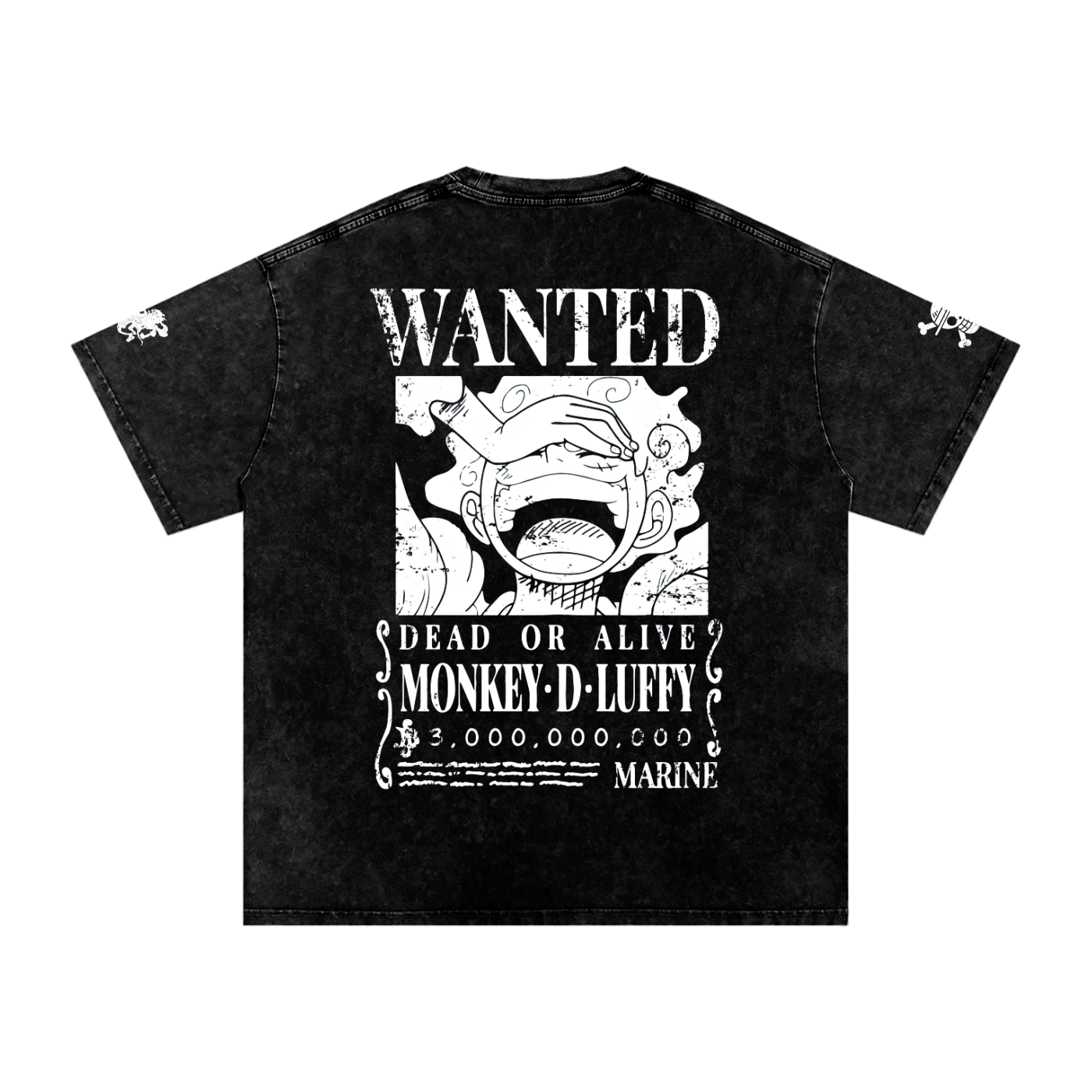 One Piece Luffy shirt featuring front back and sleeve print. this acid washed premium heavy weight tee. has a wanted poster on the back and the iconic luffy scar on the front. straw hat logo on the sleeve and the gear 5 silhouette. 