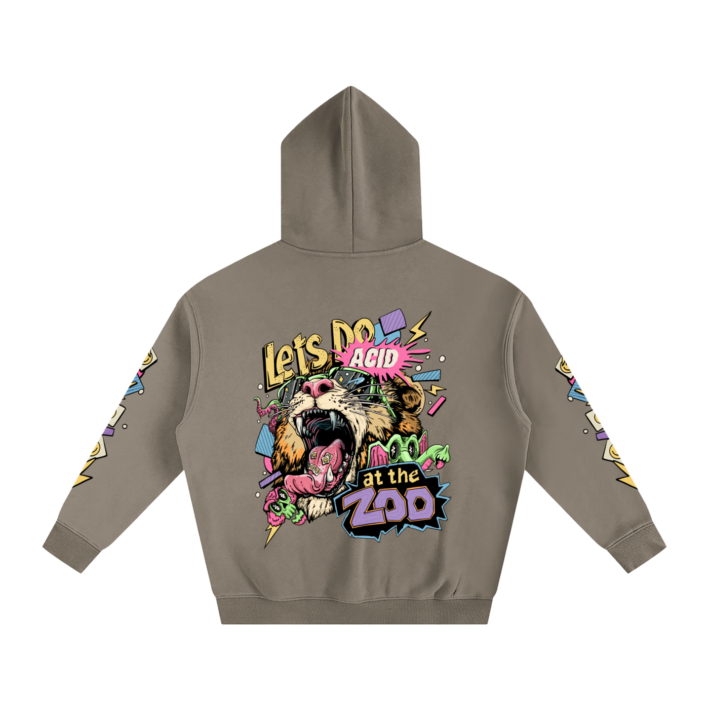 Gray hoodie with colorful graphic design on the back featuring a lion and text.