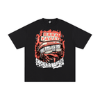 Baba Yaga x Waffle House Shirt with a hand drawn parody graphic of a traditional waffle house building with chicken legs. 