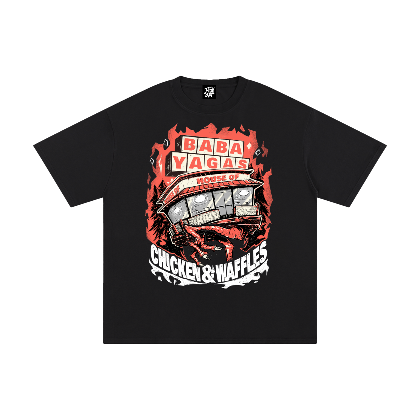 Baba Yaga x Waffle House Shirt with a hand drawn parody graphic of a traditional waffle house building with chicken legs. 