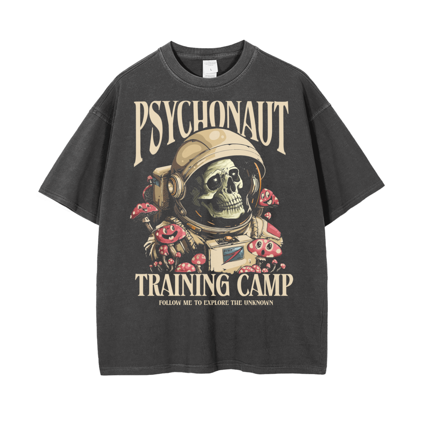 A skeleton astronaut surrounded by mushrooms. These fun guys are silly little mushrooms with faces. the shirt says psychonaut training camp to allude to the far out experience of taking mushrooms. 