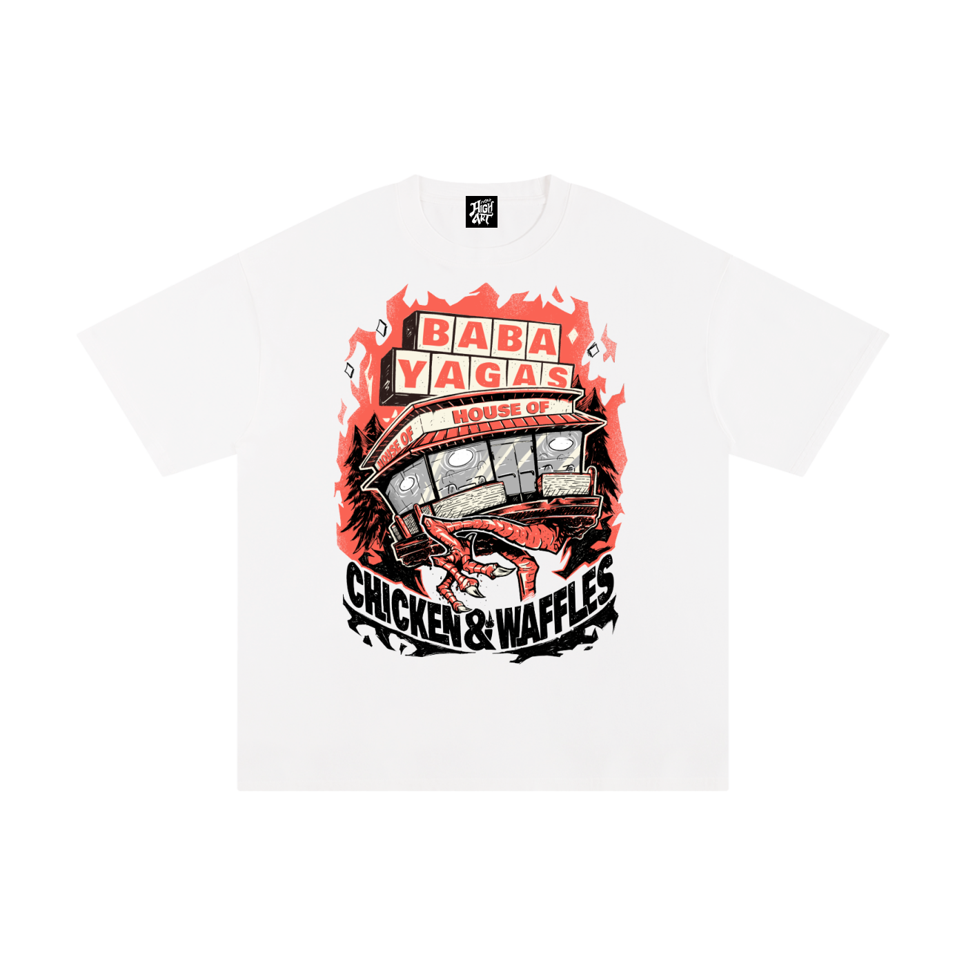Baba Yaga x Waffle House Shirt with a hand drawn parody graphic of a traditional waffle house building with chicken legs. 