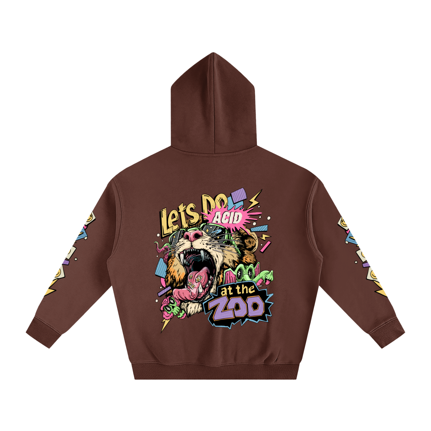 Brown hoodie with colorful graphic design on the back featuring a tiger and text.