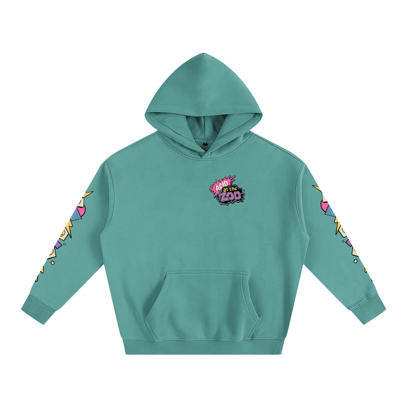Teal hoodie with colorful designs on sleeves and chest logo on a white background