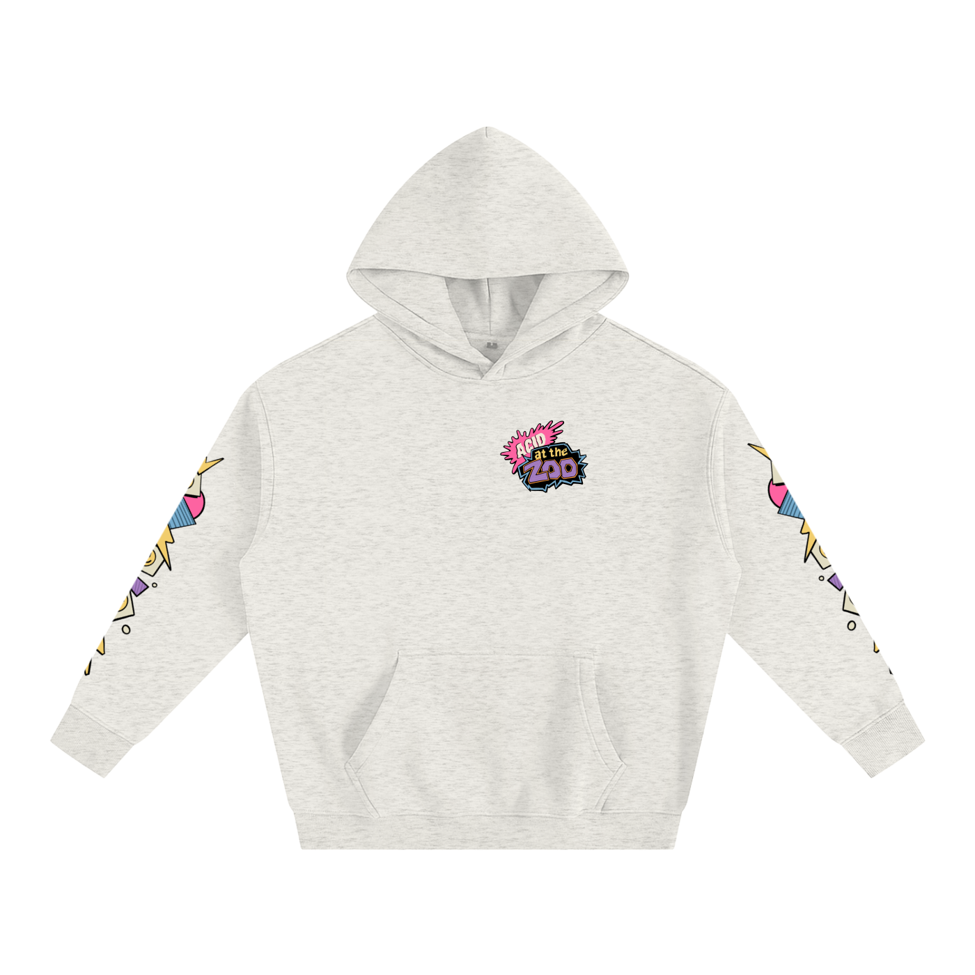 Gray hoodie with colorful designs on sleeves and front, on a white background