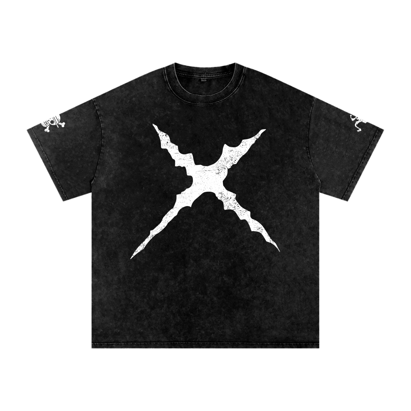 One Piece Luffy shirt featuring front back and sleeve print. this acid washed premium heavy weight tee. has a wanted poster on the back and the iconic luffy scar on the front. straw hat logo on the sleeve and the gear 5 silhouette. 