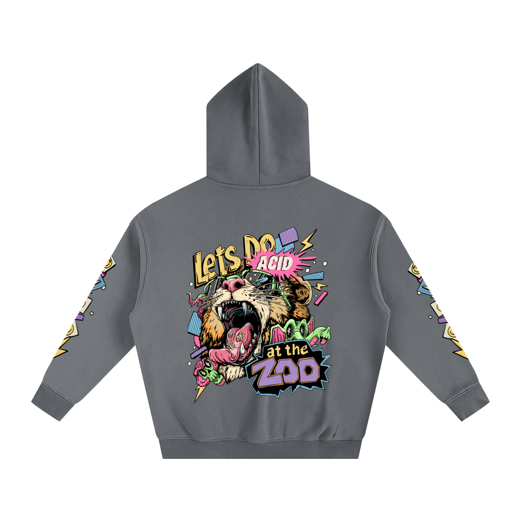 Gray hoodie with colorful graphic design on the back featuring a lion and text.