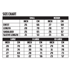 Size chart for clothing measurements in inches and centimeters