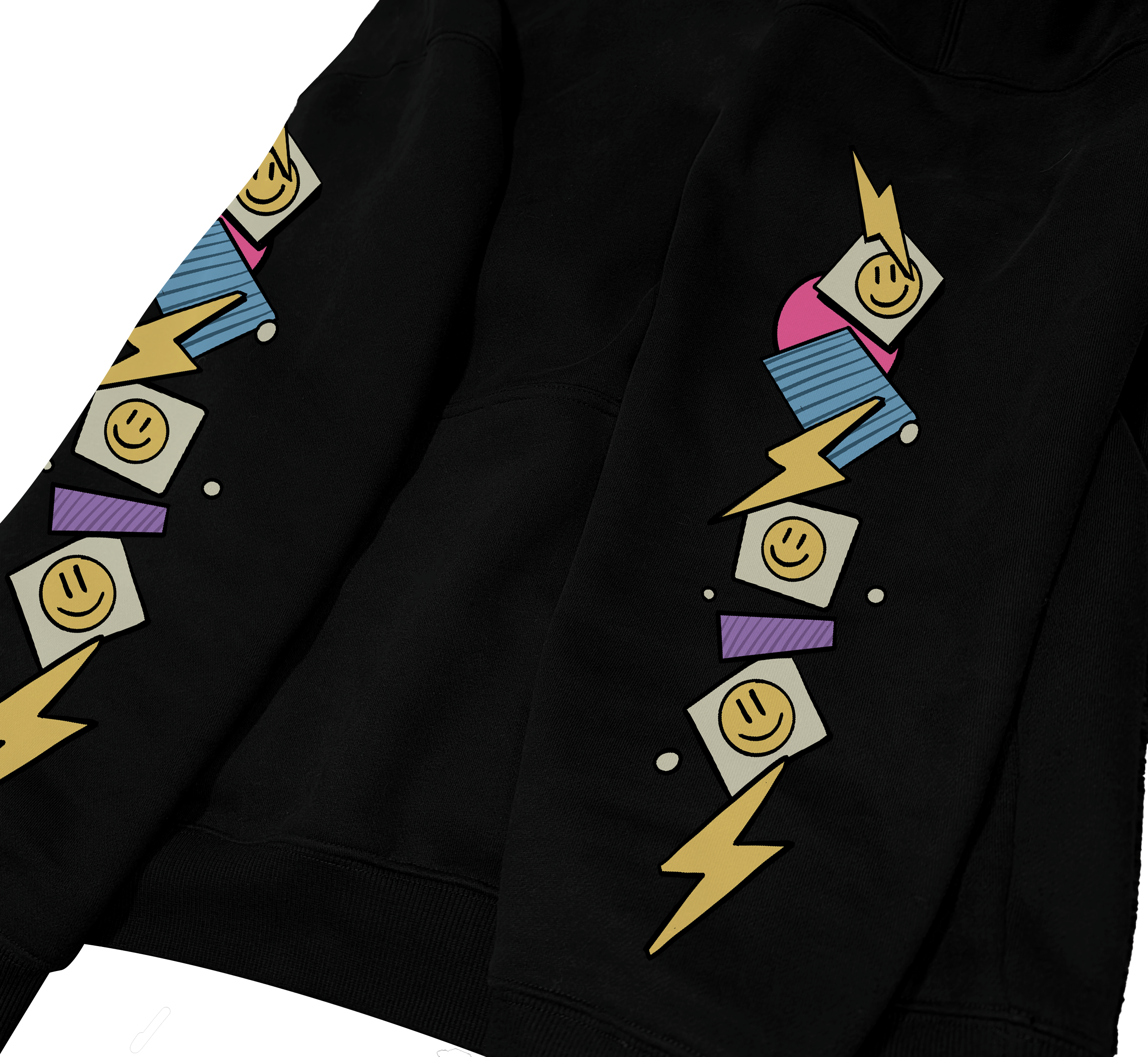 Black hoodie with colorful graphic designs on sleeves and chest